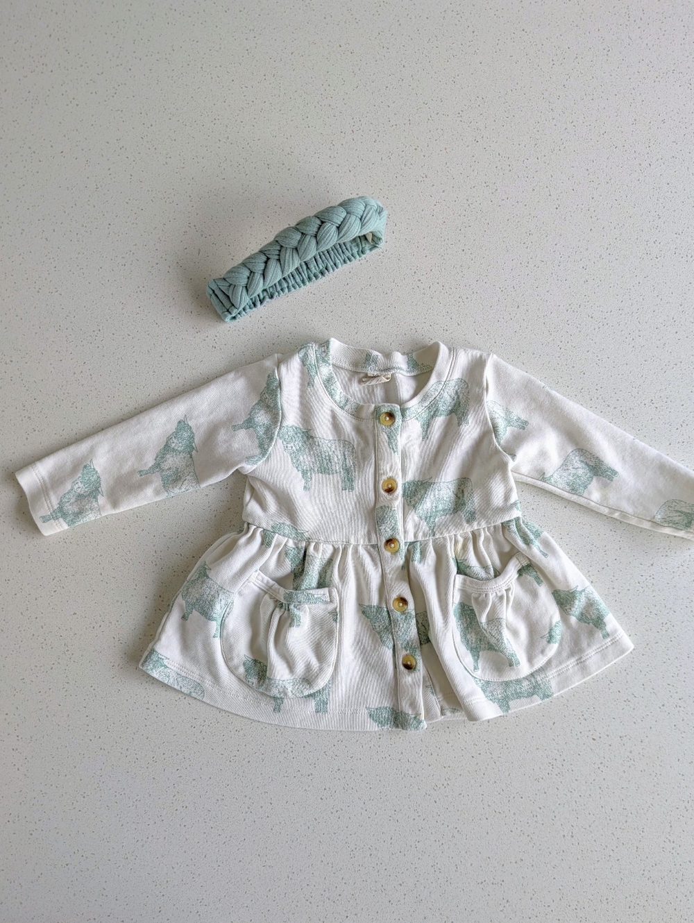 Kate Quinn Long Sleeve Top with Sage Green Highland Cow Print & Headband
